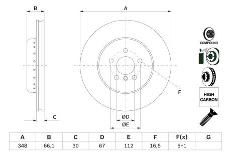 Гальмівний диск BMW 3/5/7/X3/X4/X5/X6 \'\'F d=348mm \'\'16>> - BOSCH 0 986 479 F57 (фото 1)