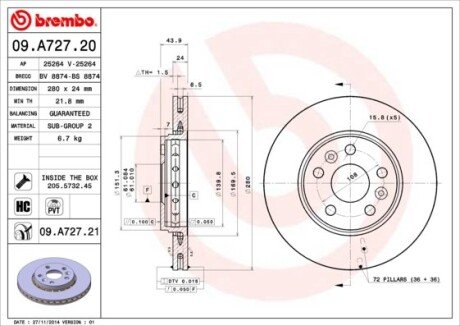 Гальмівний диск BREMBO 09.A727.21 (фото 1)