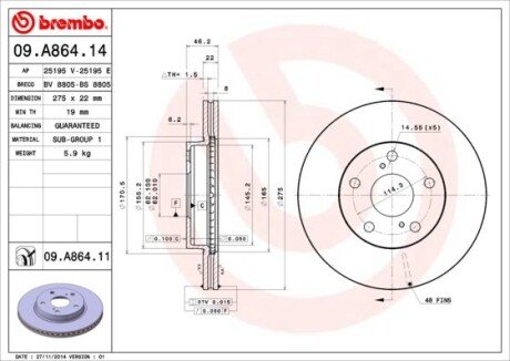 Диск гальмівний TOYOTA COROLLA передн. BREMBO 09.A864.14