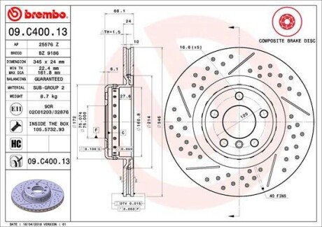 Гальмівний диск BREMBO 09.C400.13 (фото 1)