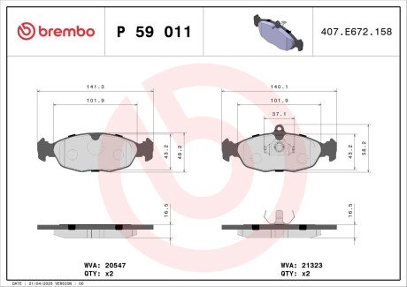 Гальмівні колодки дискові BRE BREMBO P59 011