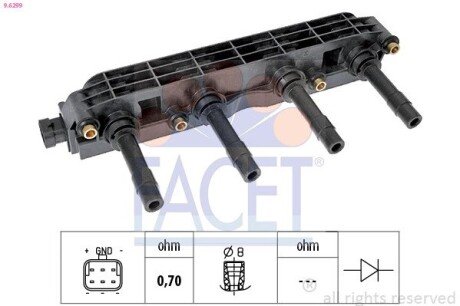 Котушка запалення Astra G/Combo/Vectra B/C /Zafira A 1.6 95- (9.6299) FACET 96299