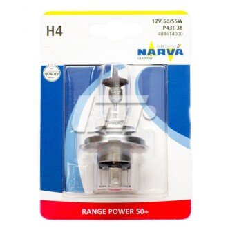 488614000 Лампа H4 12V 60/55W P43T (+50%) (блістер 1 шт.) RANGE POWER 50+ NARVA 48861B1