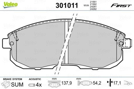 Гальмівні колодки дискові FIAT/NISSAN Punto/Cube/Juke/Maxima/Pulsar/Teana/Tiida &quot;1,1-3,5 &quot;F &quot;93&gt;&gt; Valeo 301011 (фото 1)