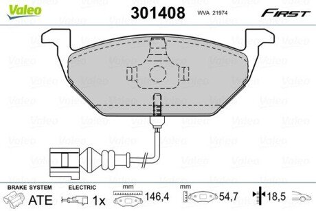 Гальмівні колодки дискові VAG A2/A3/Fabia/Octavia/Bora/Caddy/Golf/Jetta/Polo &quot;1,0-2,5 &quot;F &quot;96&gt;&gt; Valeo 301408 (фото 1)