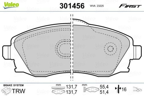 Гальмівні колодки дискові OPEL Combo/CorsaC/Meriva/Tigra "1,0-1,8 "F "00-10 ="" Valeo ="301456"