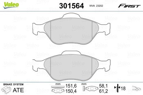 Гальмівні колодки дискові FORD/MAZDA Fiesta/Fusion/Ka/Puma/Street/121/2 "1,25-1,8 "F "95-12 Valeo 301564