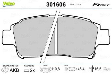 Гальмівні колодки дискові TOYOTA Yaris "1,0-1,4 "F "99-05 Valeo 301606 (фото 1)