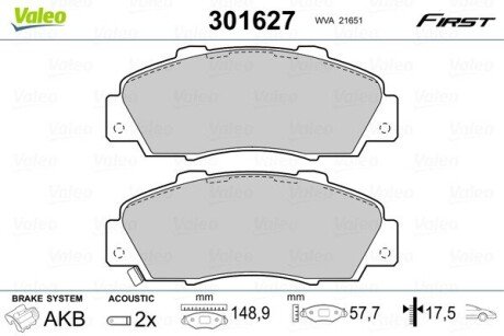 Гальмівні колодки дискові HONDA/ROVER Accord/Civic/CR-V/HR-V/NSX/600 "1,6-3,5 "F "90>> Valeo 301627