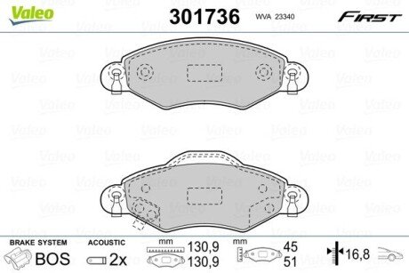 Гальмівні колодки дискові TOYOTA Yaris "1,0-1,4 "F "99-05 Valeo 301736