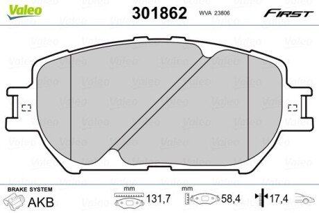 Гальмівні колодки дискові TOYOTA Camry &quot;2,4-3,0 &quot;F &quot;01-06 Valeo 301862 (фото 1)